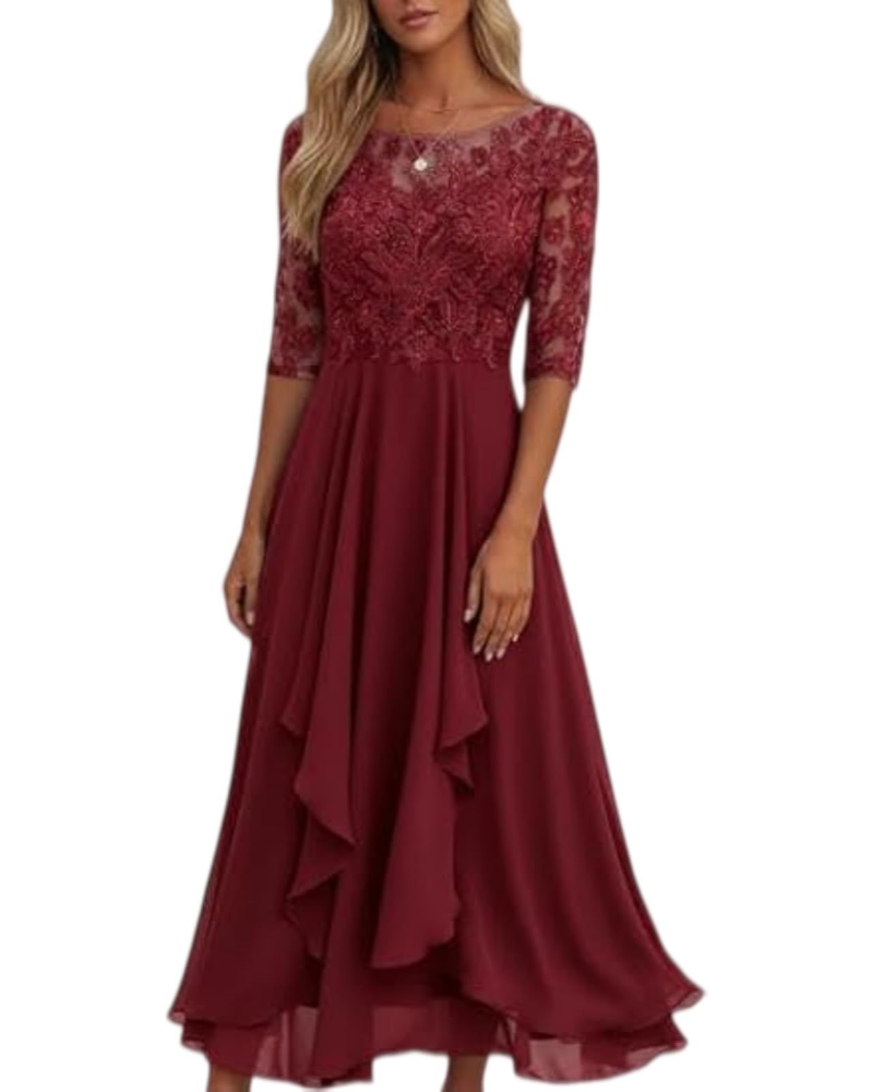 Victoria Vestito Donna Midi – Abito in Pizzo e Chiffon con Mezze Maniche