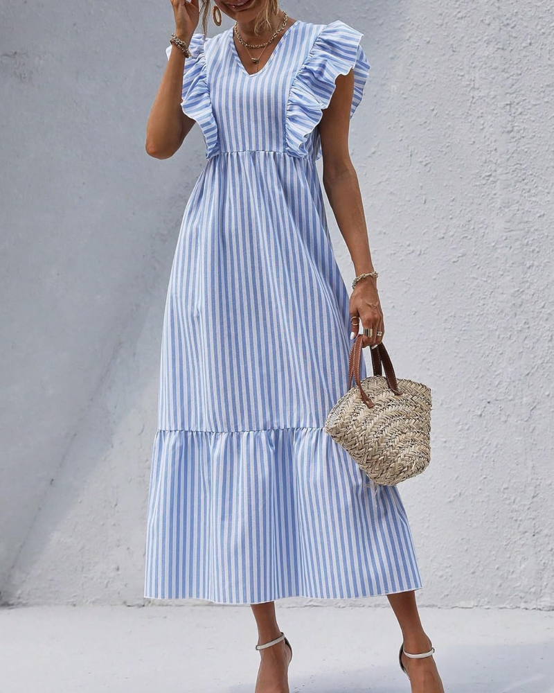 Robe longue femme Madeline Abito – Rayures bleues et blanches, volants, col en V et jupe à volants