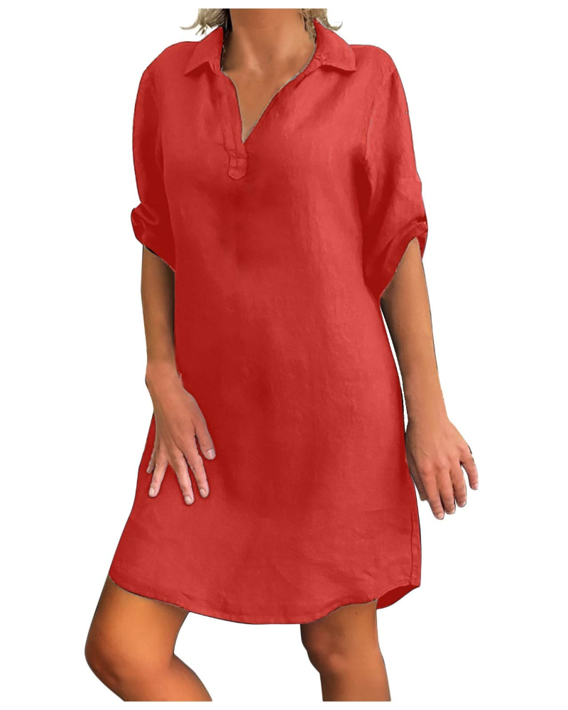 Robe pour femme Matilda en lin et coton – Col en V, coupe trapèze et manches courtes