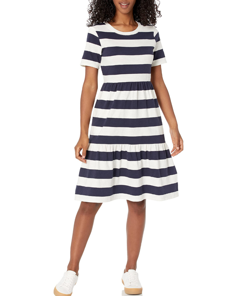 Bethany Abito Donna Svasato – Vestito in Cotone con Girocollo, Maniche Corte e Balze