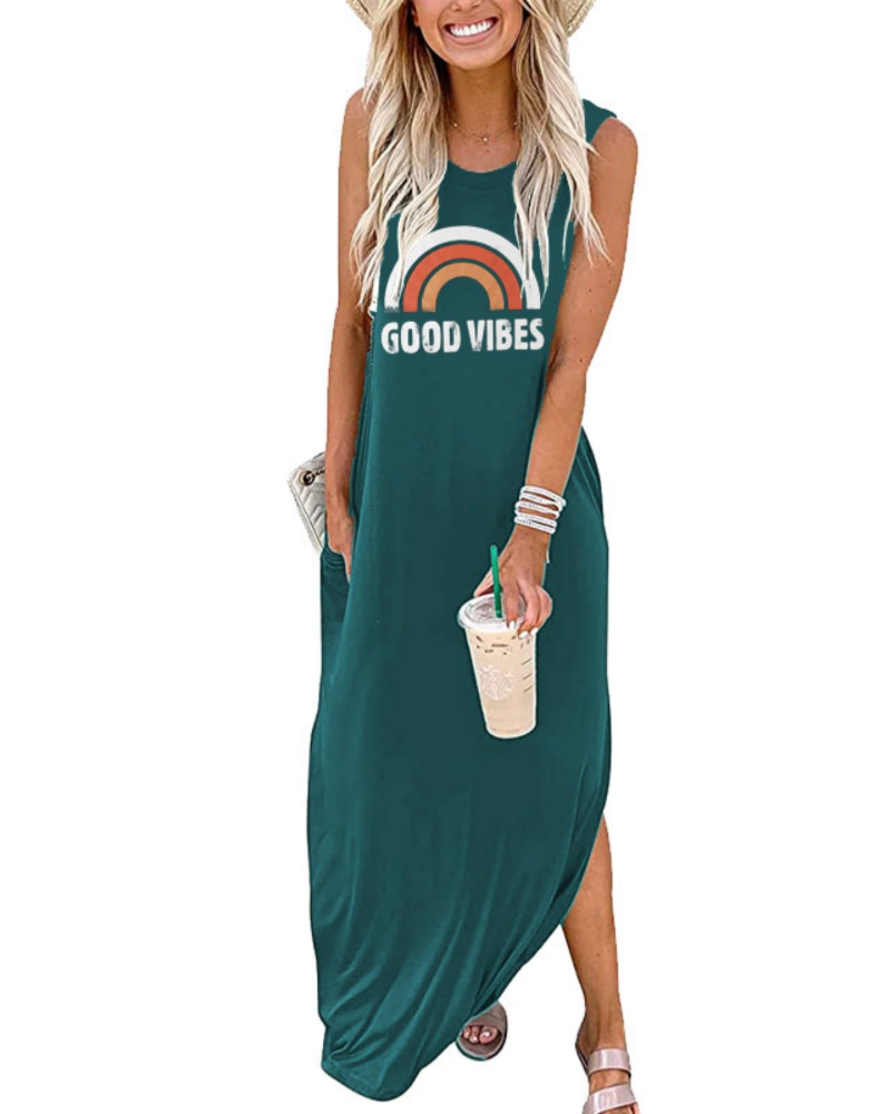 Wilhelmina Abito Maxi Donna Estivo – Senza Maniche, Tasche e Stampa Good Vibes