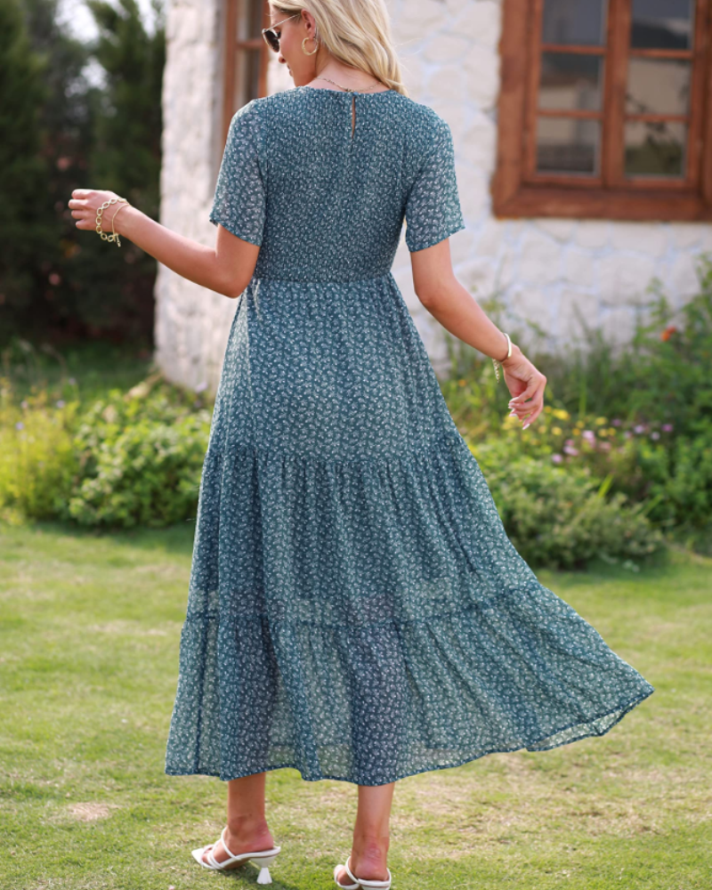 Sukienka maxi damska Sophia Abito – sukienka boho z kwiatowym nadrukiem, marszczoną talią i falbaną na dole