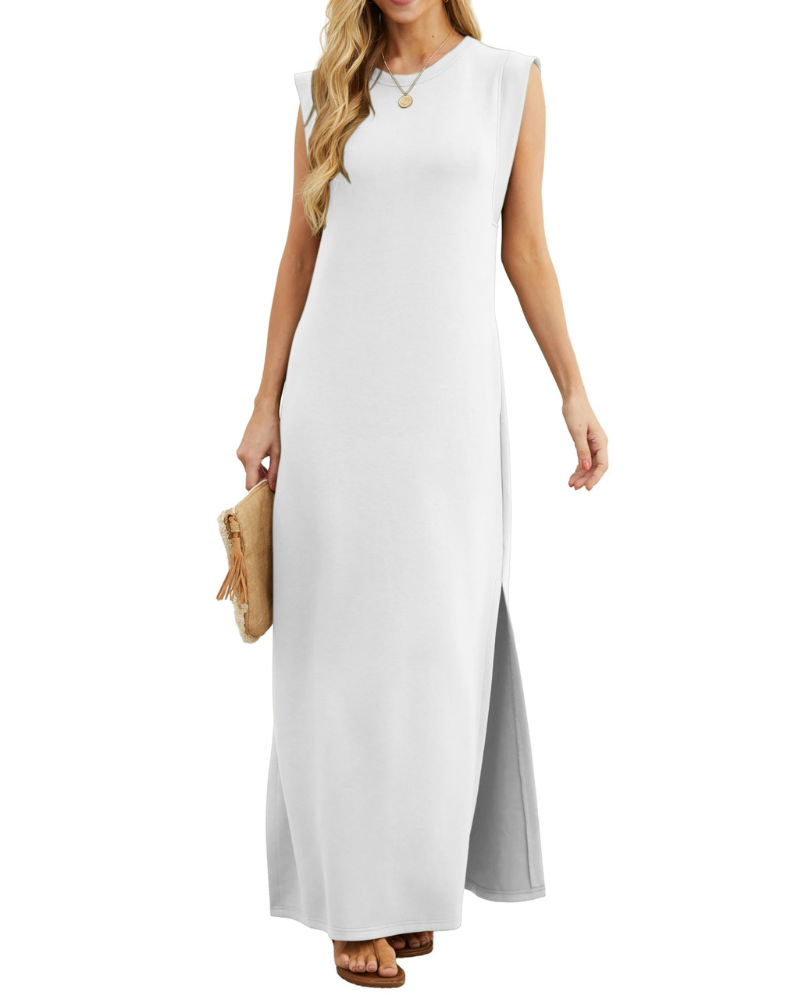 Emily Abito Mujer – Vestido Maxi de Verano Sin Mangas con Cuello Redondo, Bolsillos y Ajuste Fluido