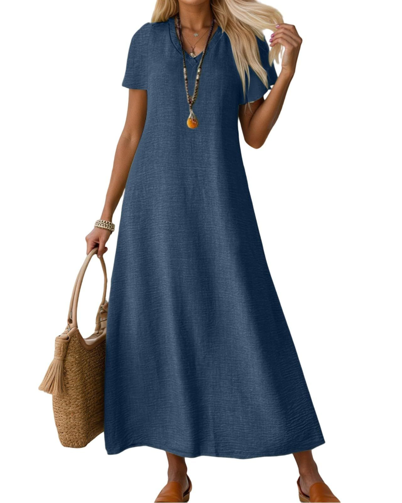 Evelyn Vestito Donna Lungo – Abito in Lino con Scollo V & Vestibilità Morbida