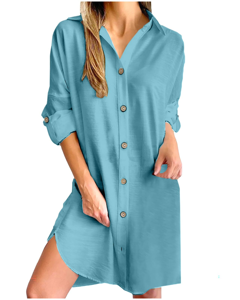 Kendall Chemisier Femme – Robe en Coton et Lin avec Boutons et Manches Longues