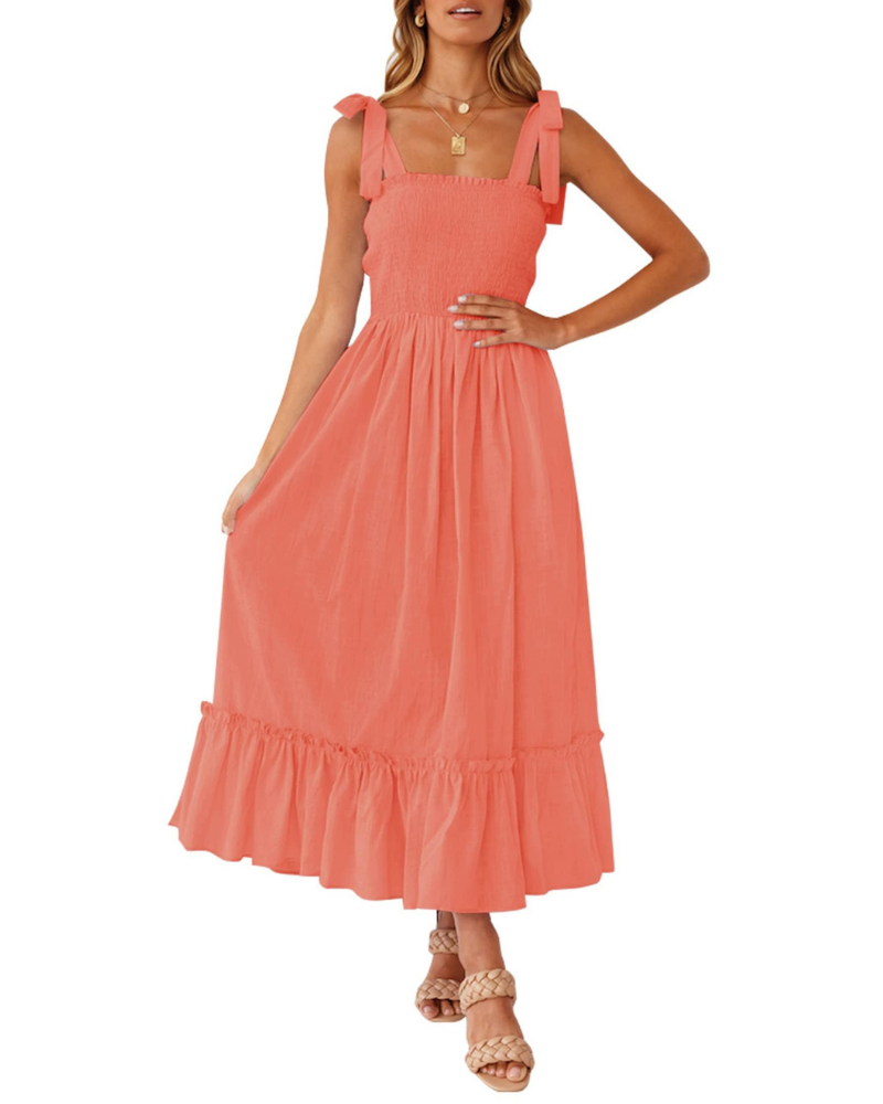 Robe Femme Amelia – Robe Bohème Florale avec Bretelles Nouées, Buste Smocké et Jupe à Volants