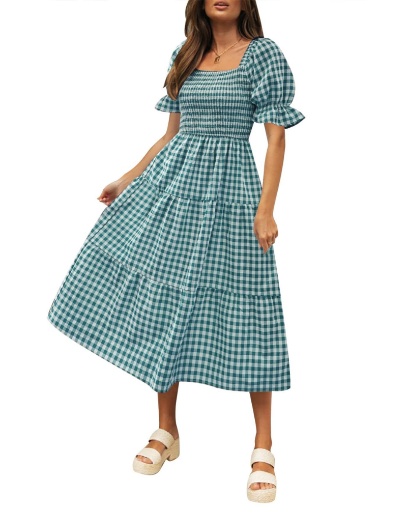 Scarlett Abito Donna – Vestito Midi con Scollo Quadrato, Maniche Puff & Gonna a Volant