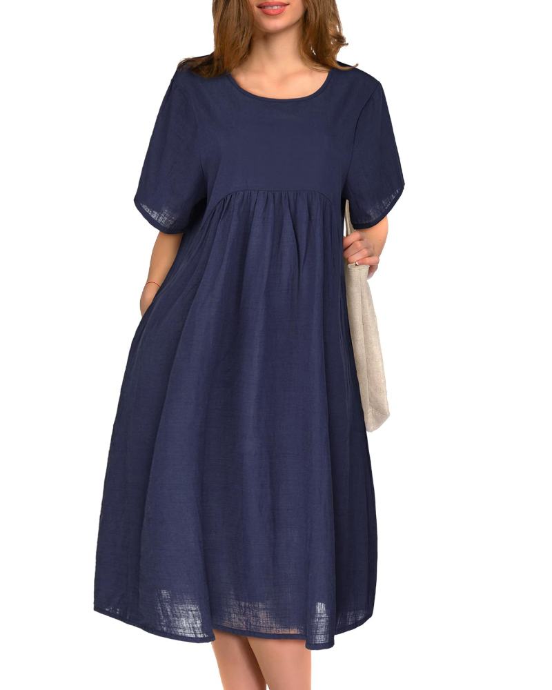 Amelia Women's Midi Dress – Summer Cotton Dress with Short Sleeves, High Waist & Pockets