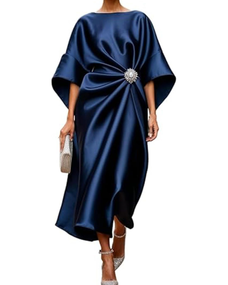 Natalie Abito Maxi Donna – Vestito Elegante in Raso con Maniche a Pipistrello e Vita Drappeggiata