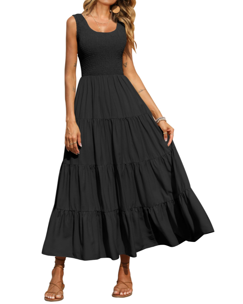 Sophie Abito Donna – Vestito Maxi Smock Senza Maniche con Vita Alta & Gonna a Balze