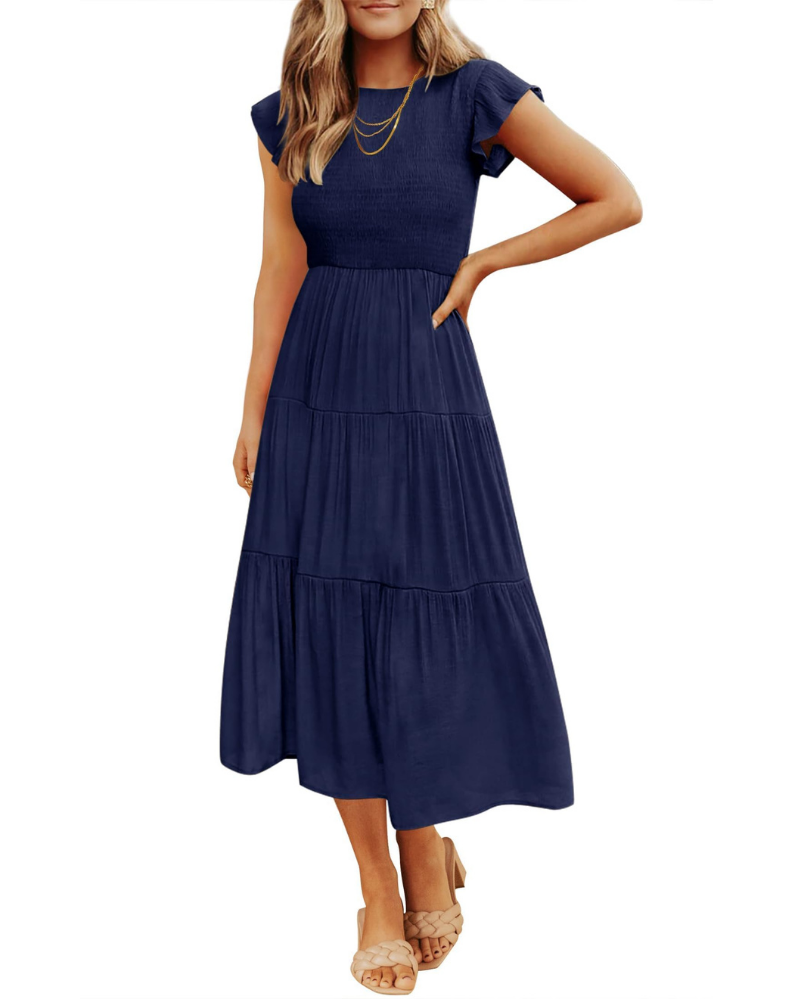Grace Abito Mujer – Vestido Midi Cottagecore con Busto Fruncido, Mangas Volantes y Falda con Volantes
