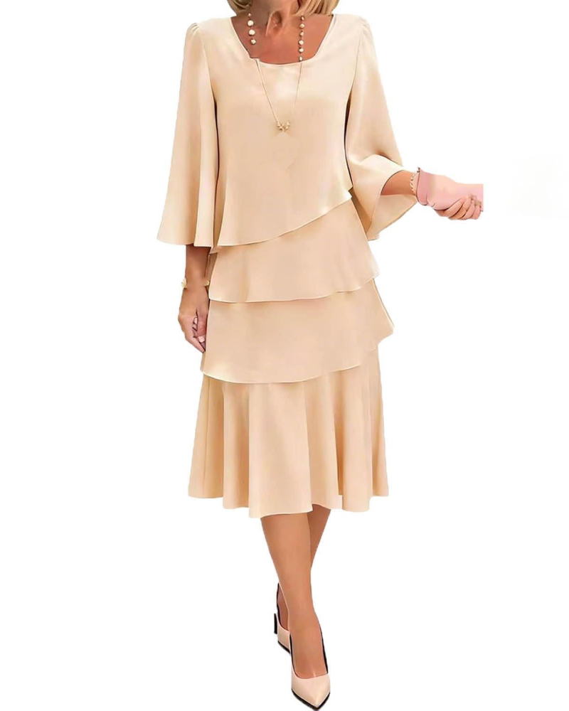 Amelia Vestito Donna Midi – Abito Elegante a Balze con Maniche a Campana