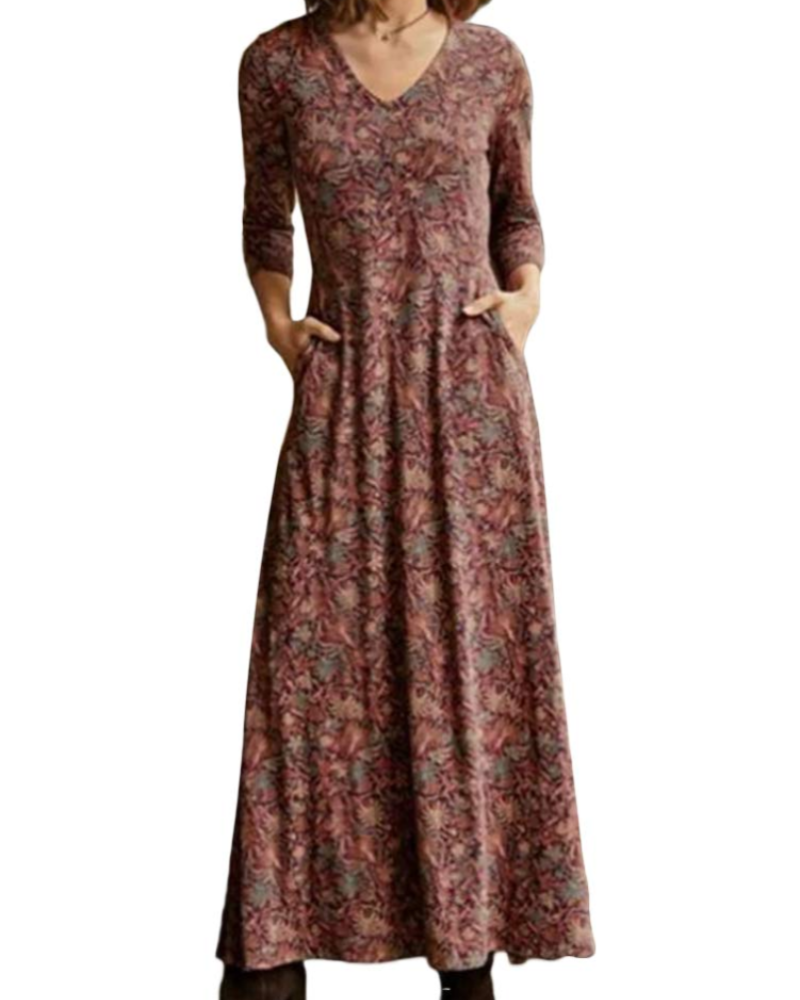 Holly Abito Maxi Donna – Vestito Boho Floreale con Scollo a V, Maniche Lunghe e Tasche