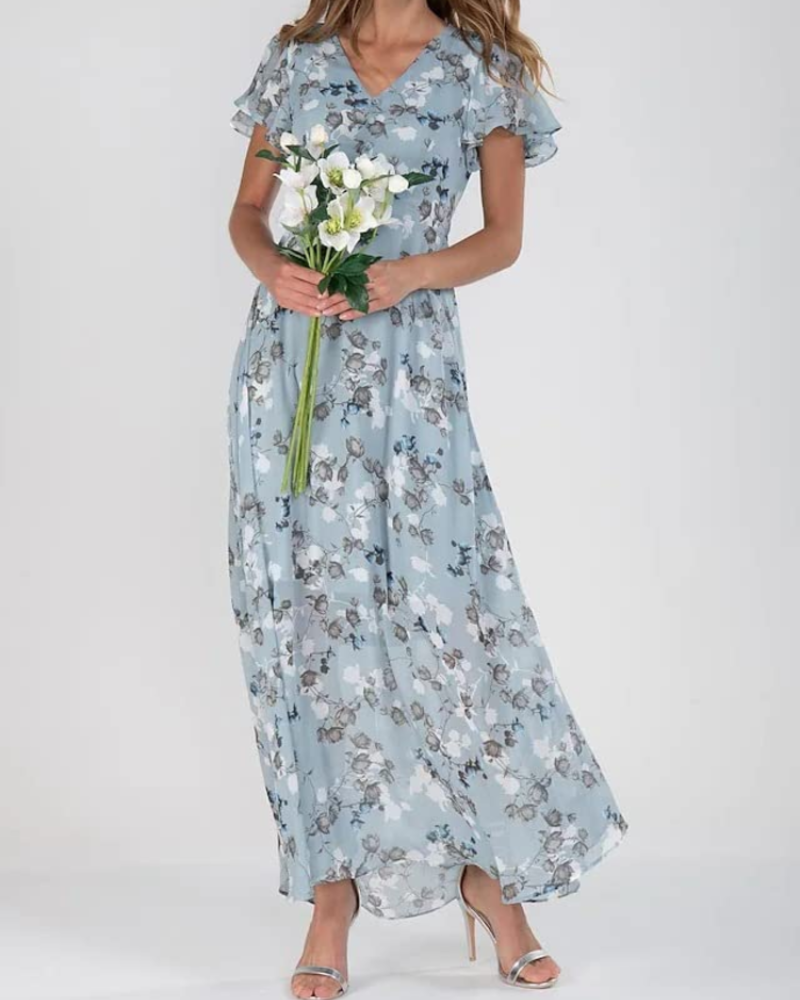 Vestido maxi de mujer Lucinda de gasa – floral, escote en V y mangas con volantes
