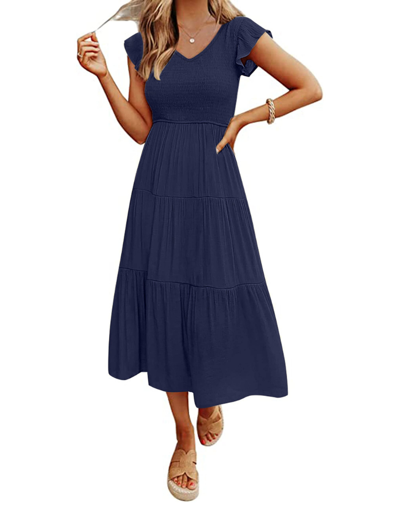 Sienna Abito Donna – Vestito Midi A-Line con Scollo a V, Maniche Flutter & Busto Smock