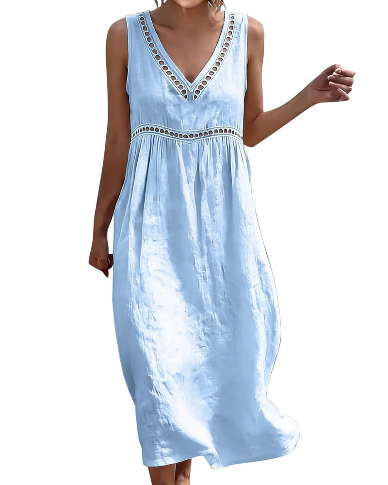 Hadley Curvy Women’s Long Dress – Cotton and Linen, V-Neck, Embroidery and Pockets