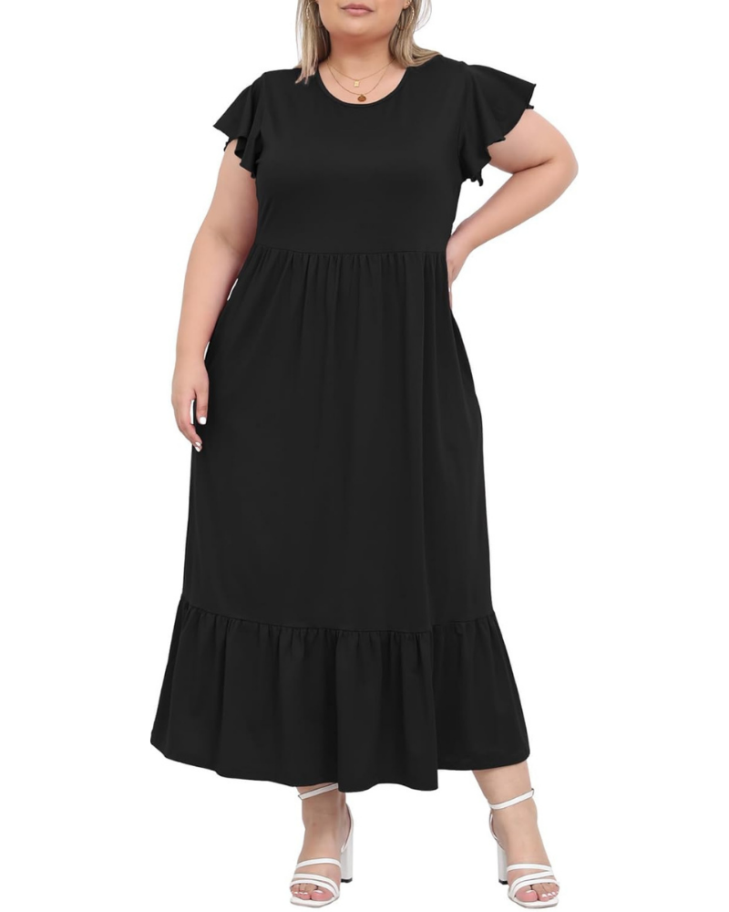 Avery Abito maxi curvy da donna – Vita alta, maniche con volant e tasche laterali