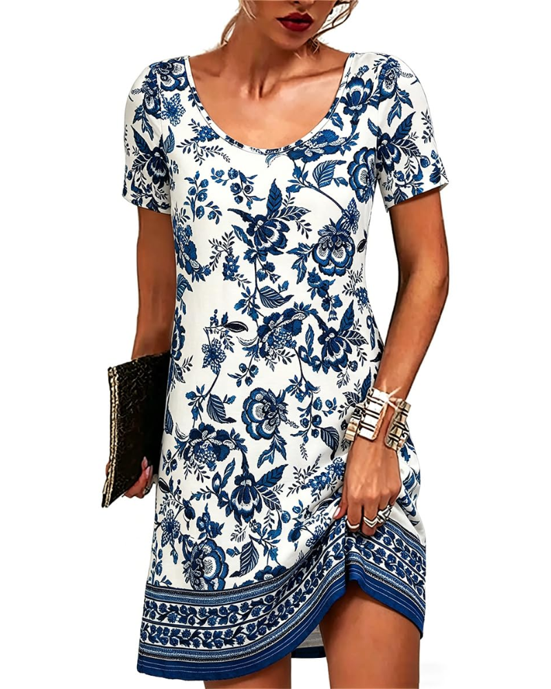Mini-robe pour femme Priscilla, style bohème – imprimé floral, manches courtes et coupe fluide