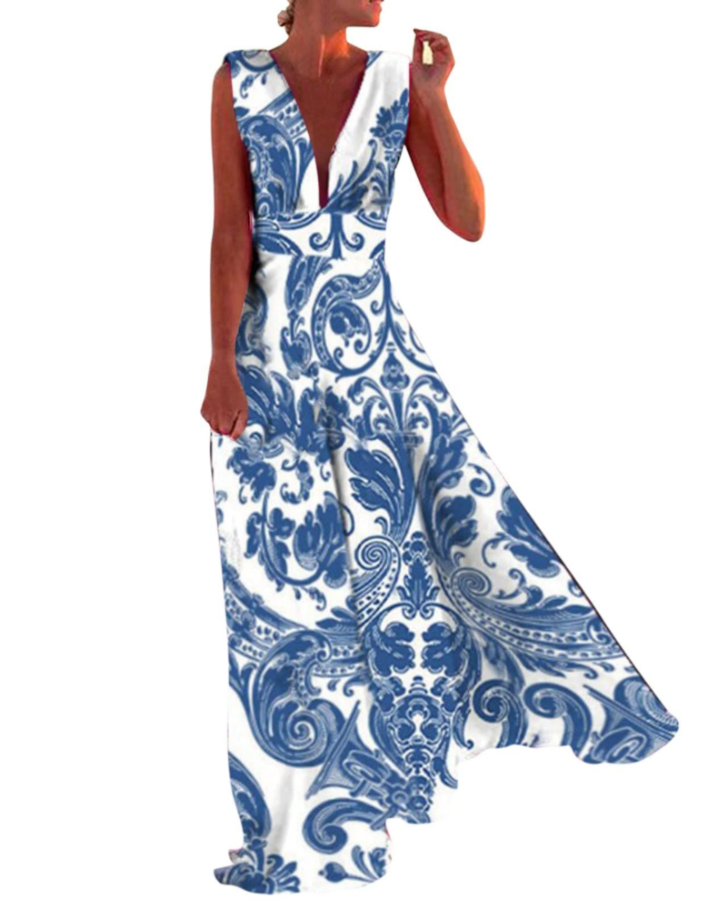Riley Abito Maxi Donna – Vestito Boho Stampato Smanicato con Scollo a V e Zip