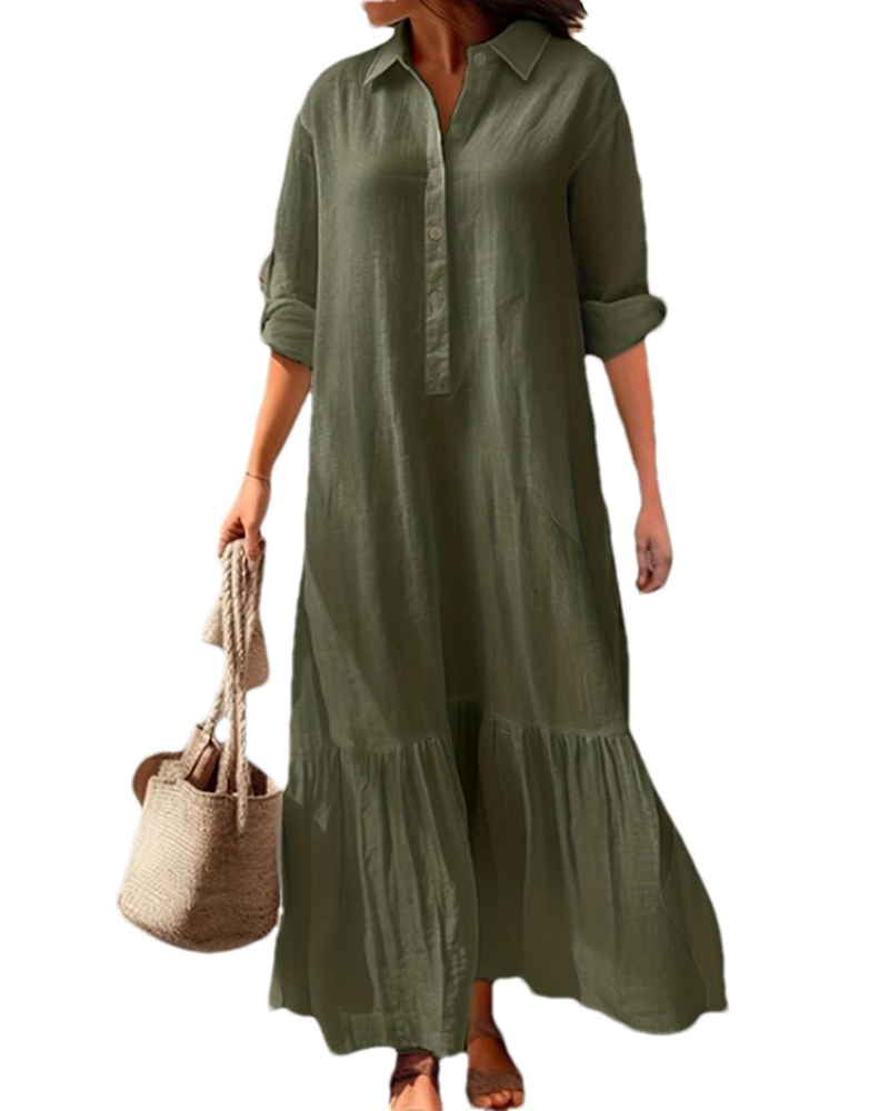 Brooke Abito Lungo Donna – Vestito in Cotone e Lino con Colletto e Orlo Asimmetrico