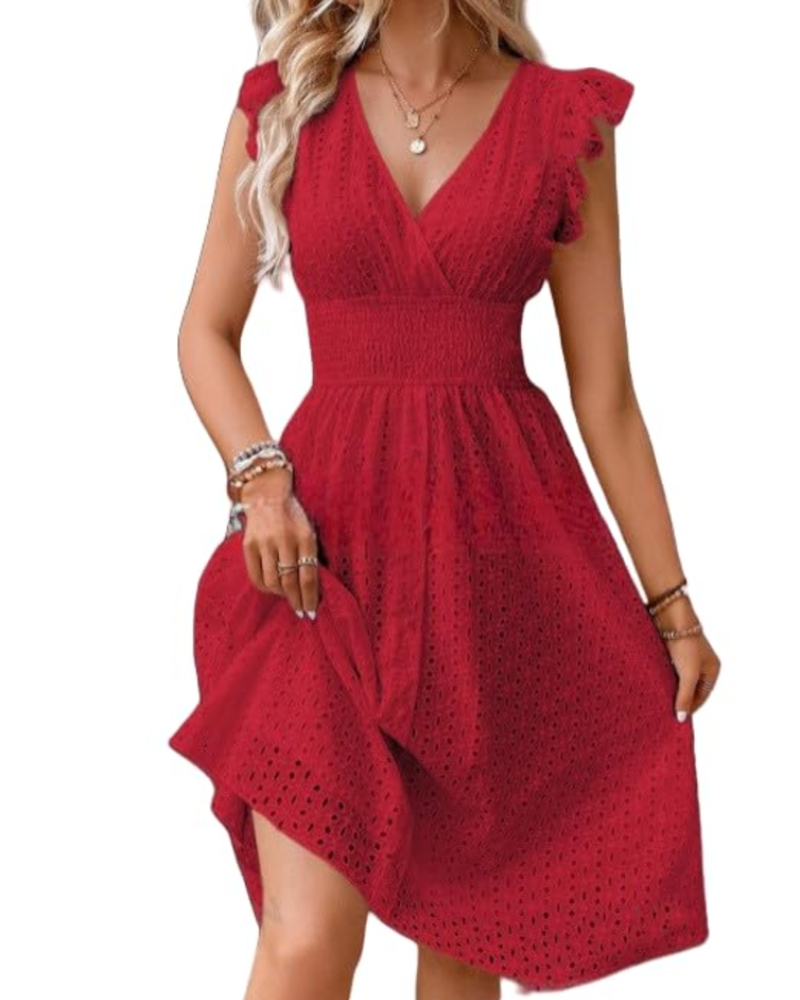Imogen Robe d’été pour femme bohème – Col en V, manches à volants et broderies ajourées