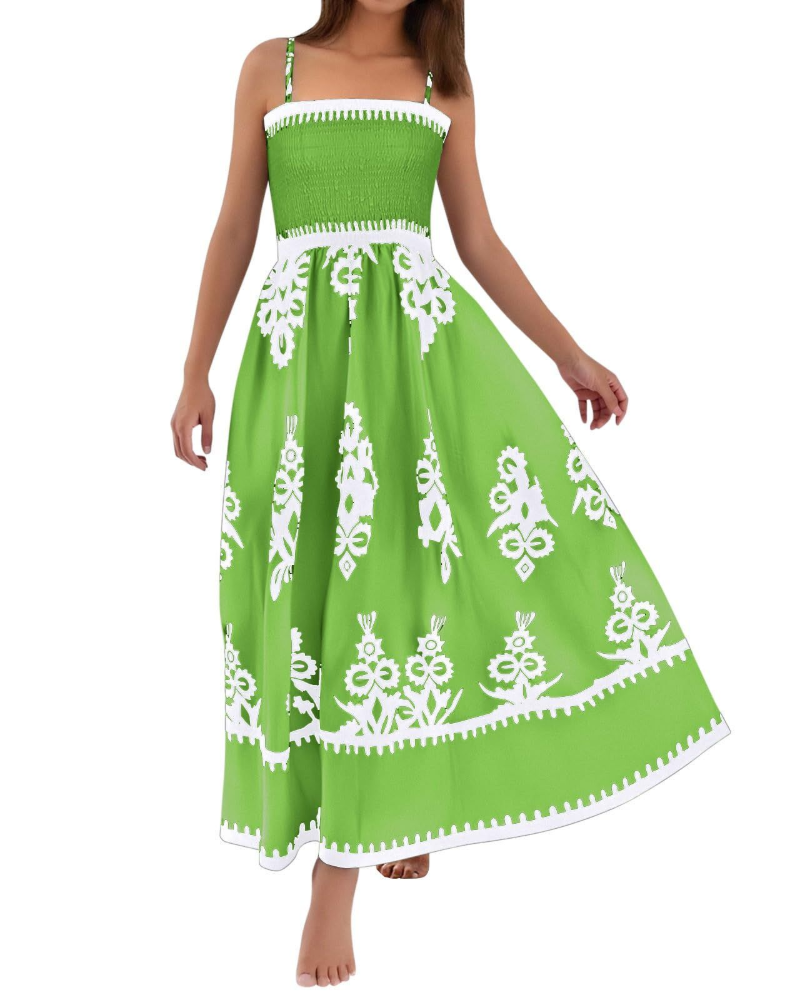Natalie Vestito Donna Maxi – Abito Boho Smanicato con Stampa & Scollo Quadrato