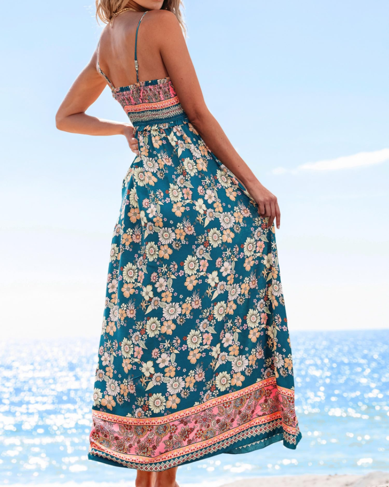 Isolde Robe Maxi Femme Florale – Corsage Smocké, Bretelles Réglables et Volants