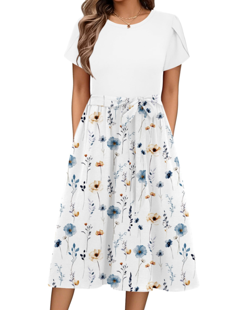Maureen Abito midi dame med blomstermønster – ermer med kronbladdesign, justerbart belte og lommer