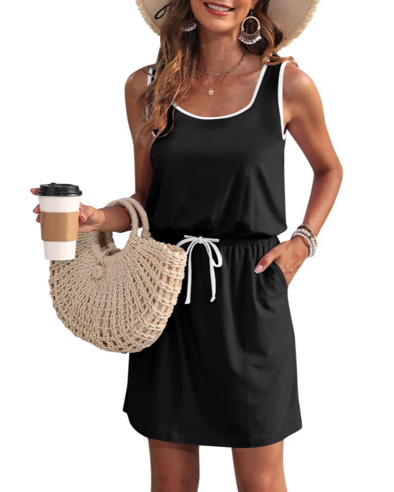Winsome Abito Donna Estivo – Scollo Rotondo, Vita con Coulisse e Tasche