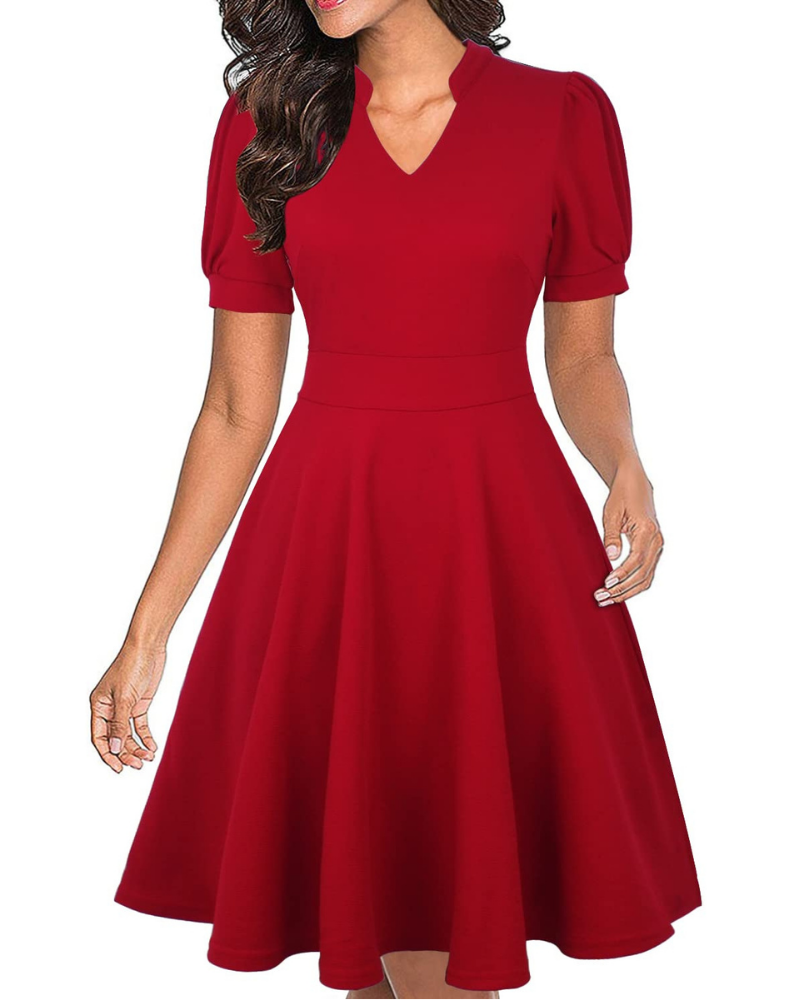Bella Vestido Mujer – Vestido de Negocios Línea A con Escote en V, Mangas Abullonadas y Bolsillos