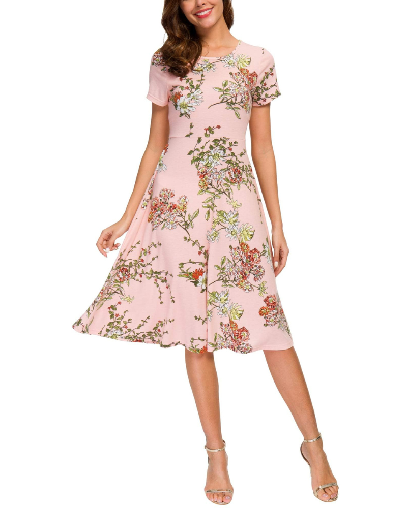 Hannah Abito Mujer – Vestido Floral a la Rodilla con Cuello Redondo, Mangas Cortas y Falda Acampanada