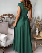Savannah Elegantní dámské maxi šaty – hluboký výstřih do V, rozparek a vysoký pas
