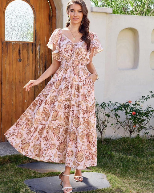 Bailey Abito Maxi Donna – Stampa Floreale, Scollo Quadrato a V, Volant e Tasche