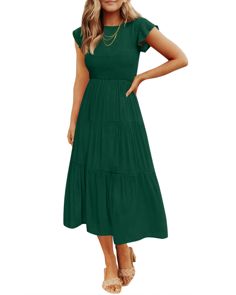Grace Abito Mujer – Vestido Midi Cottagecore con Busto Fruncido, Mangas Volantes y Falda con Volantes