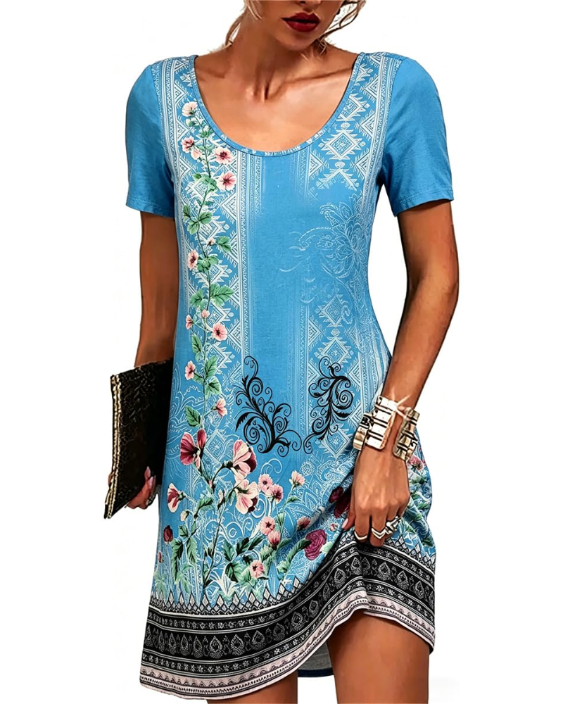 Mini-robe pour femme Priscilla, style bohème – imprimé floral, manches courtes et coupe fluide