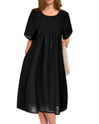 Amelia Women's Midi Dress – Summer Cotton Dress with Short Sleeves, High Waist & Pockets