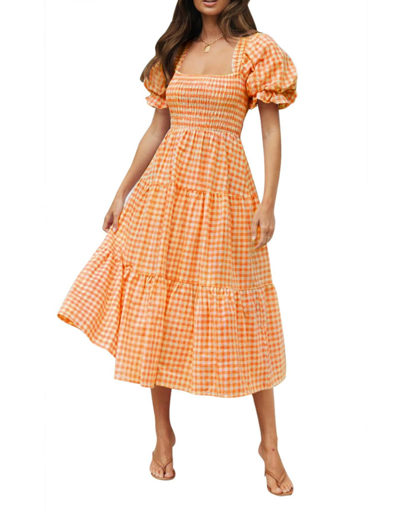 Scarlett Abito Donna – Vestito Midi con Scollo Quadrato, Maniche Puff & Gonna a Volant