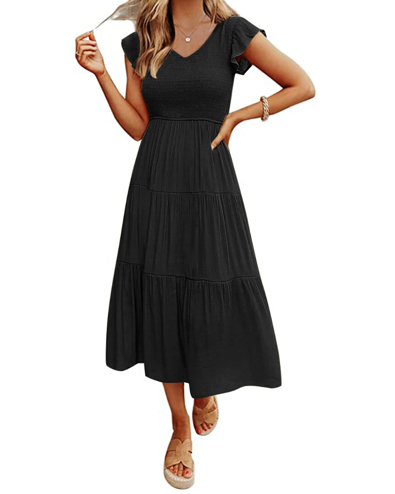 Sienna Abito Donna – Vestito Midi A-Line con Scollo a V, Maniche Flutter & Busto Smock