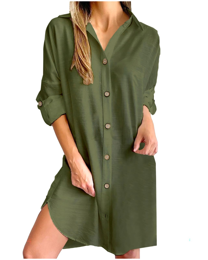 Kendall Chemisier Femme – Robe en Coton et Lin avec Boutons et Manches Longues