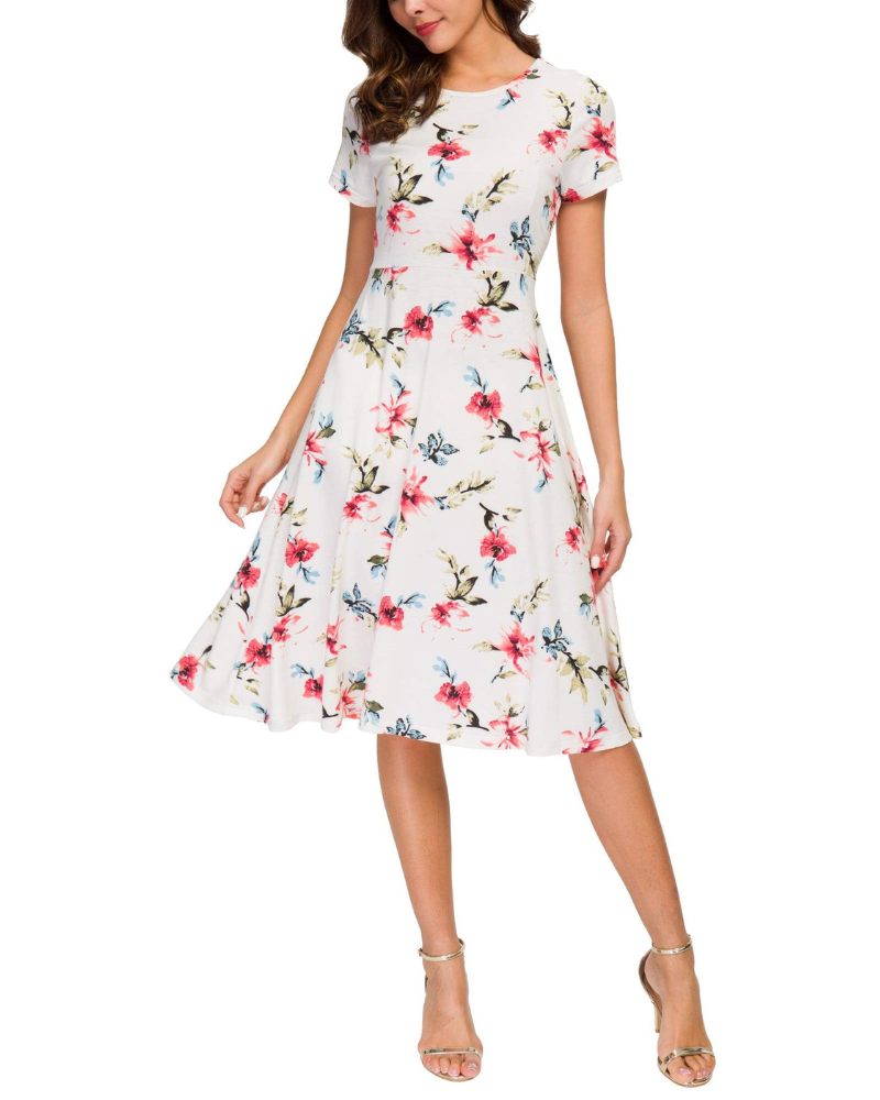 Hannah Abito Mujer – Vestido Floral a la Rodilla con Cuello Redondo, Mangas Cortas y Falda Acampanada