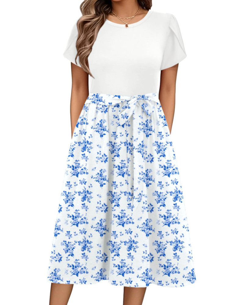 Maureen Abito midi dame med blomstermønster – ermer med kronbladdesign, justerbart belte og lommer