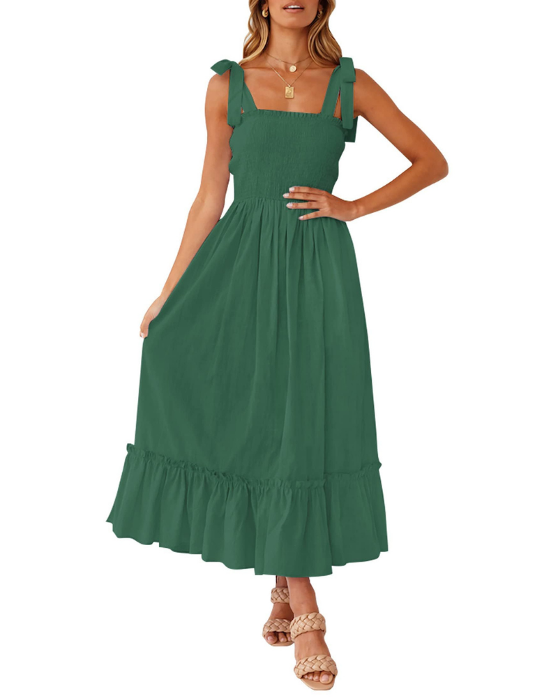 Robe Femme Amelia – Robe Bohème Florale avec Bretelles Nouées, Buste Smocké et Jupe à Volants