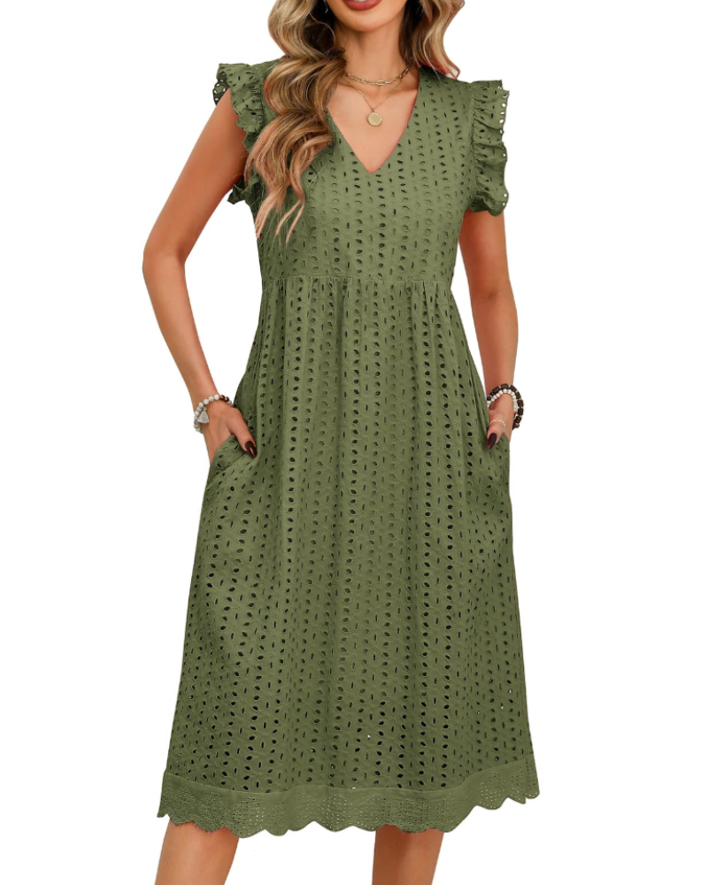 Ottilie Abito Midi Donna in Cotone – Scollo a V, Maniche a Sbuffo e Tasche