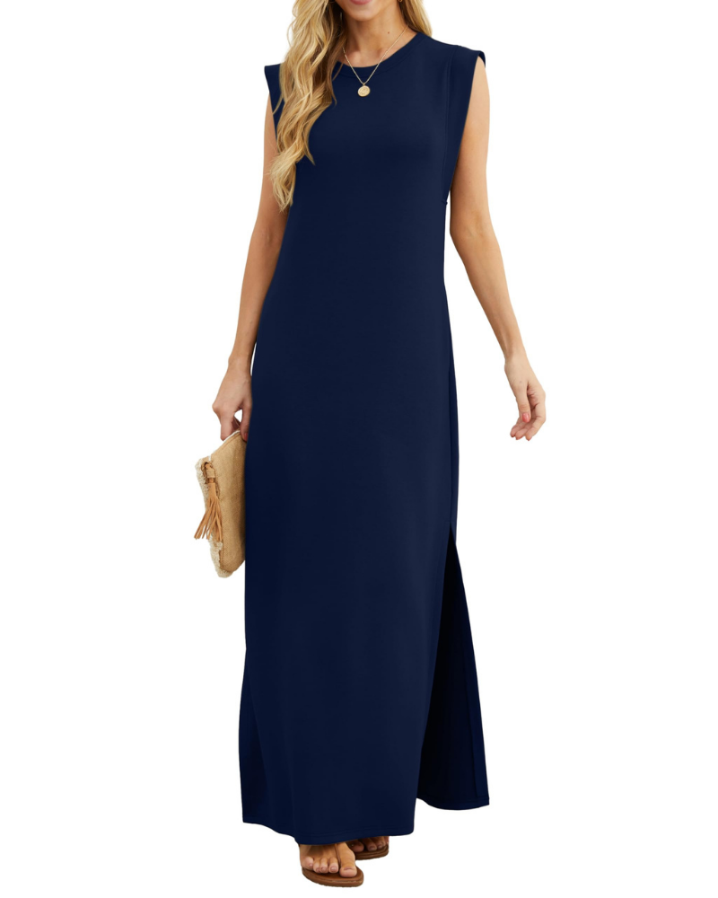 Emily Abito Mujer – Vestido Maxi de Verano Sin Mangas con Cuello Redondo, Bolsillos y Ajuste Fluido