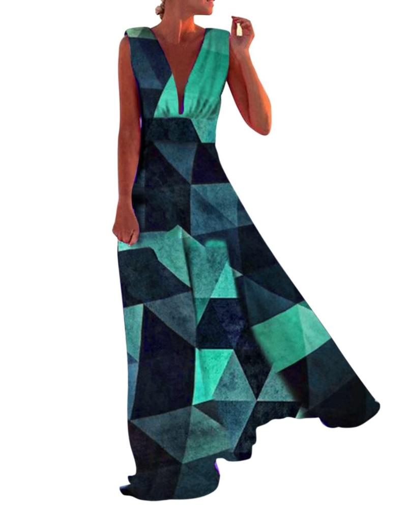 Riley Abito Maxi Donna – Vestito Boho Stampato Smanicato con Scollo a V e Zip