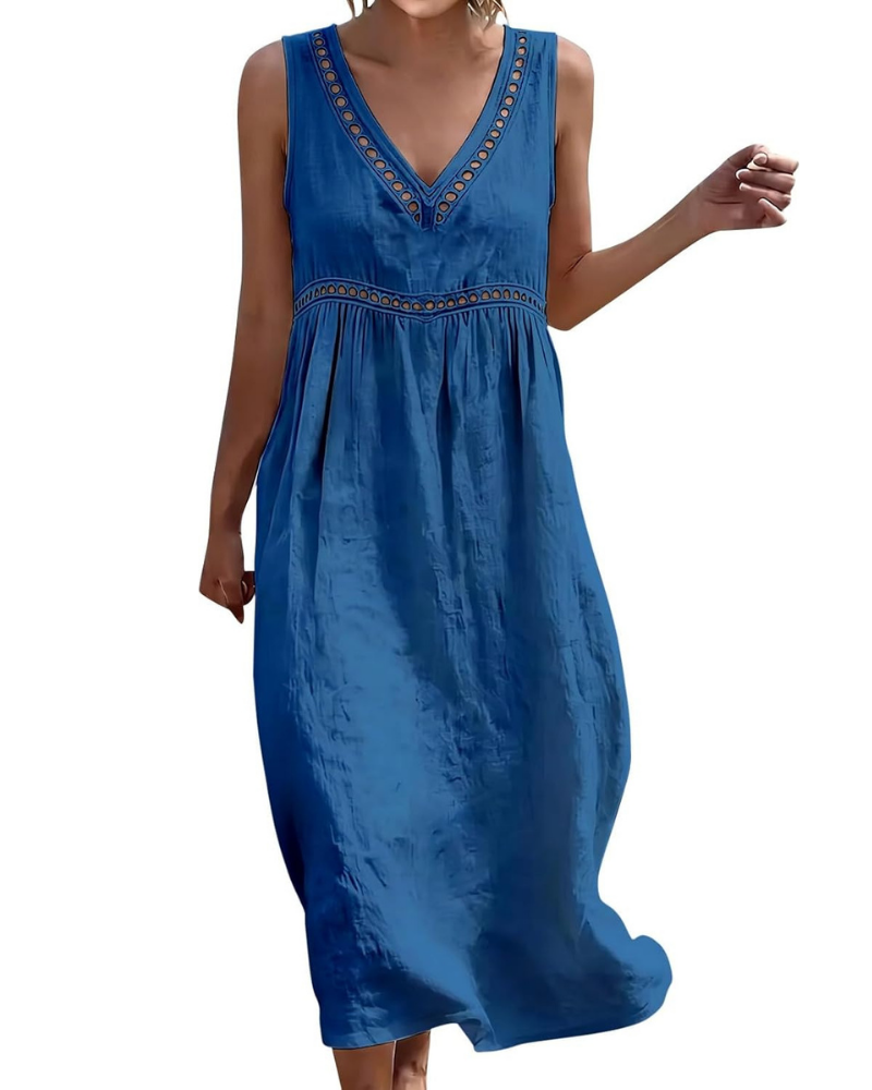 Hadley Curvy Women’s Long Dress – Cotton and Linen, V-Neck, Embroidery and Pockets