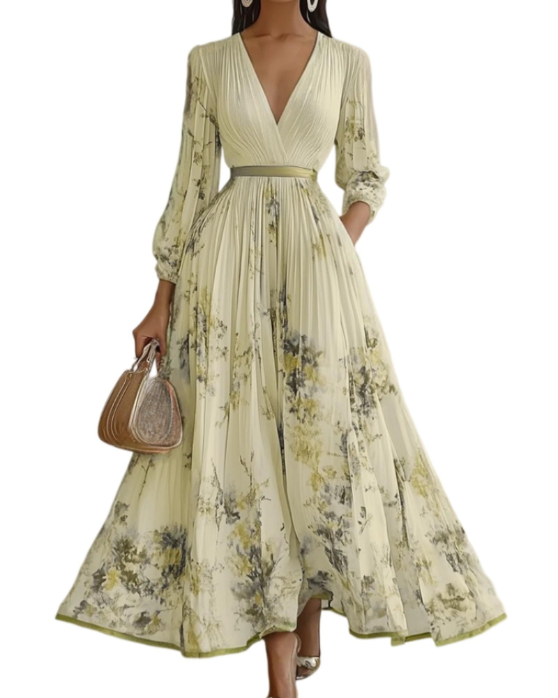 Isabella Vestito Donna Maxi – Abito Floreale in Chiffon con Scollo V & Vita Alta