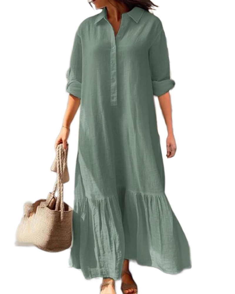 Brooke Abito Lungo Donna – Vestito in Cotone e Lino con Colletto e Orlo Asimmetrico