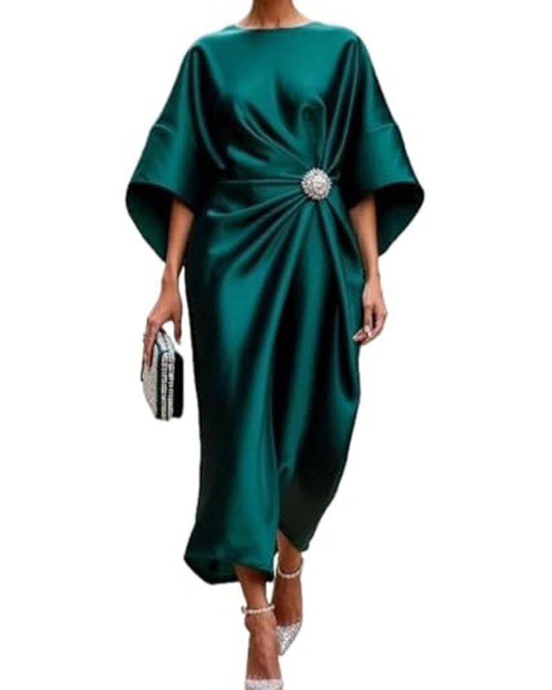 Natalie Abito Maxi Donna – Vestito Elegante in Raso con Maniche a Pipistrello e Vita Drappeggiata