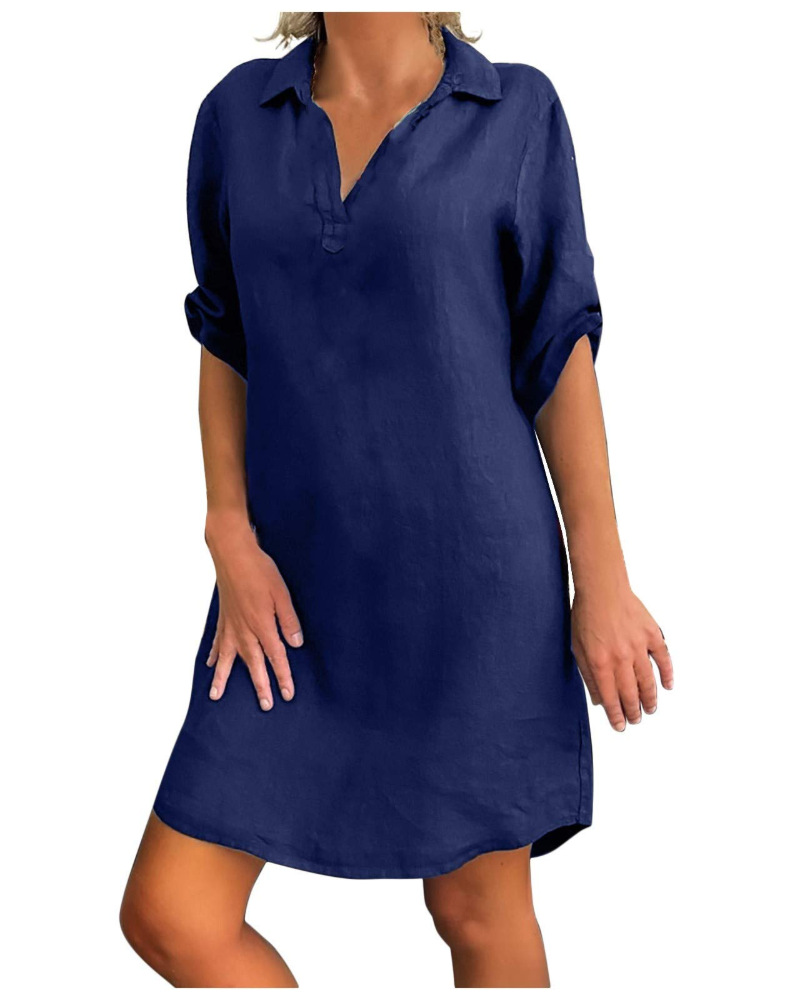 Robe pour femme Matilda en lin et coton – Col en V, coupe trapèze et manches courtes